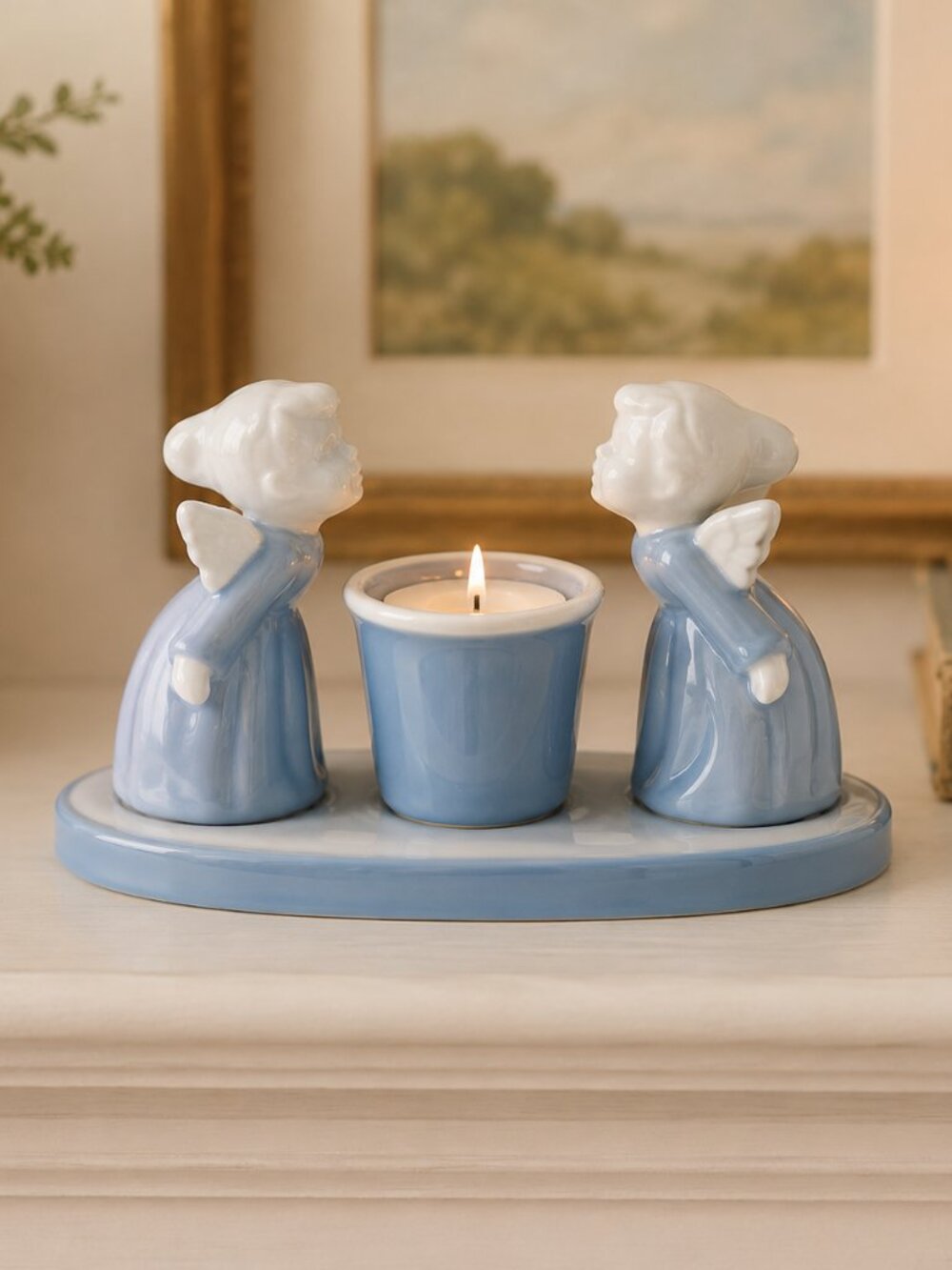 Vintage Angel Candle Holder 6" Blue Ceramic Colonial Candle Japan Tealight Decor